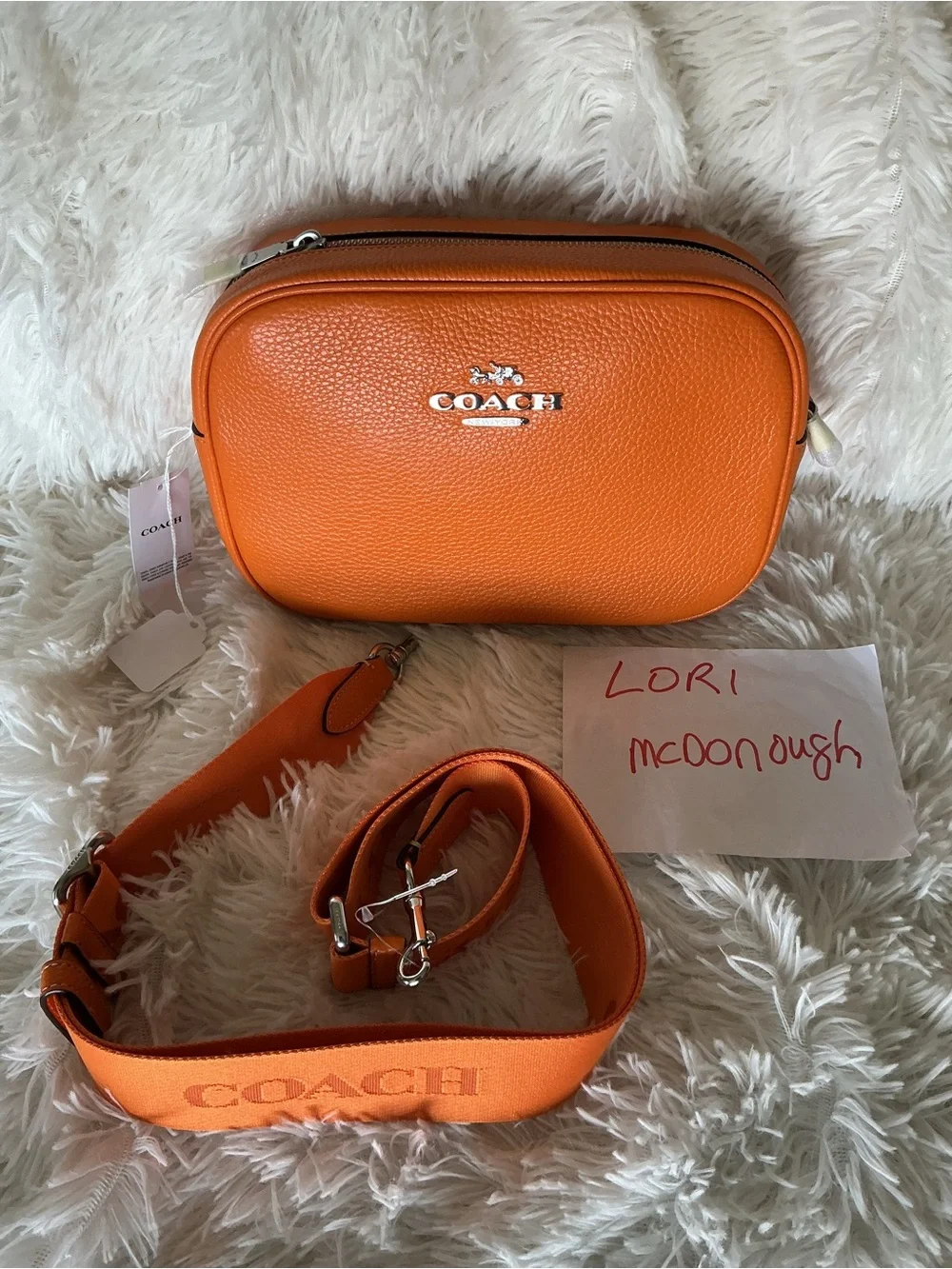 Coach Pebbled Leather Crossbody Camera Bag in Orange with Branded Strap